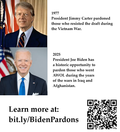 1977 President Jimmy #Carter pardoned  those who resisted the draft during 3 the #VietnamWar. 2024 President Joe #Biden has a historic opportunity to pardon those who went #AWOL during the years of the wars in #Iraq and #Afghanistan. Learn more at: bit.ly/BidenPardons